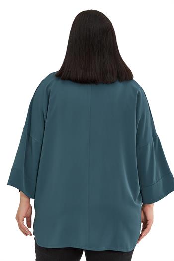 Büyük Beden Gömlek Yaka Düşük Truvakar Kollu Rahat Kesim Petrol Yeşili Bluz 