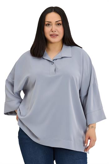 Büyük Beden Gömlek Yaka Düşük Truvakar Kollu Rahat Kesim Açık Gri Bluz 