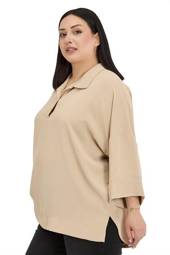 Büyük Beden Gömlek Yaka Düşük Truvakar Kollu Rahat Kesim Bej Rengi Bluz 