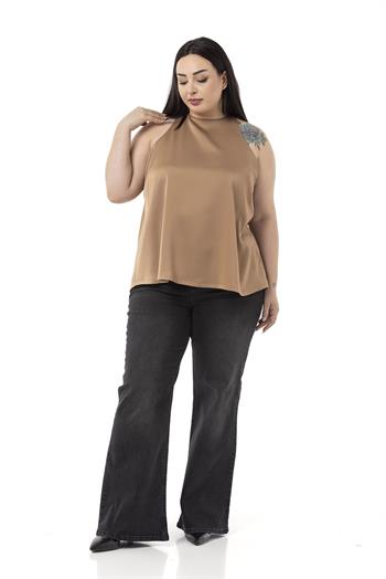 Plus Size Halter Neck Satin Textured Lined Mink Blouse
