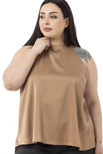 Plus Size Halter Neck Satin Textured Lined Mink Blouse
