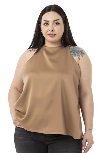 Plus Size Halter Neck Satin Textured Lined Mink Blouse