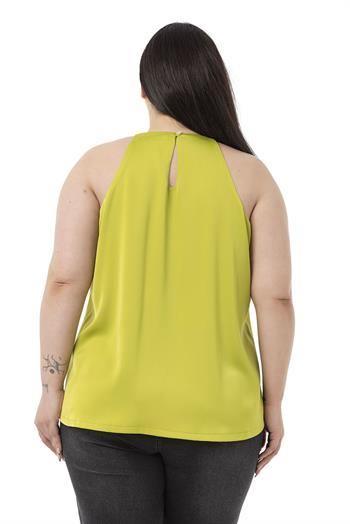 Plus Size Halter Neck Satin Textured Lined Pistachio Blouse