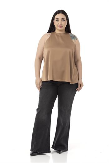 Plus Size Halter Neck Satin Textured Lined Mink Blouse