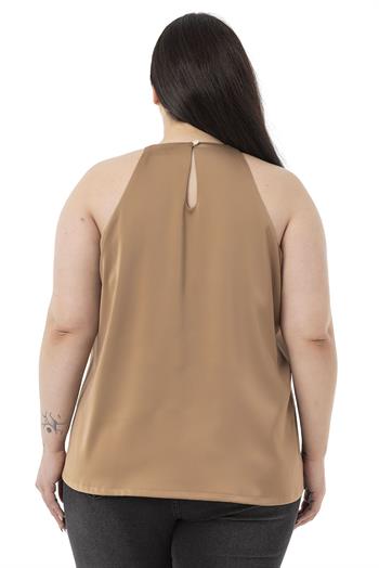 Plus Size Halter Neck Satin Textured Lined Mink Blouse