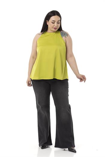 Plus Size Halter Neck Satin Textured Lined Pistachio Blouse