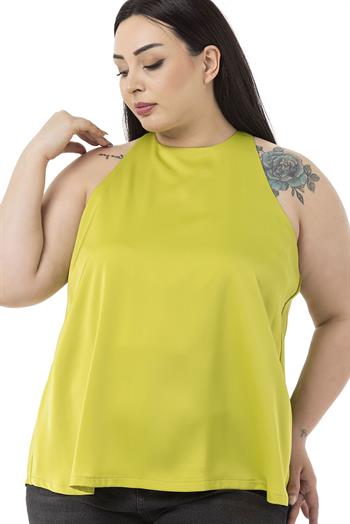 Plus Size Halter Neck Satin Textured Lined Pistachio Blouse