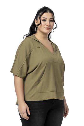 Plus Size Kangaroo Pocket V Neck Hooded Dirty Stitched Khaki Blouse