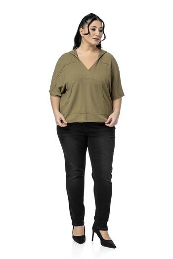 Plus Size Kangaroo Pocket V Neck Hooded Dirty Stitched Khaki Blouse