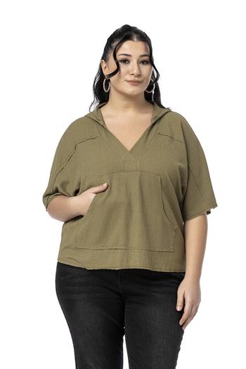 Plus Size Kangaroo Pocket V Neck Hooded Dirty Stitched Khaki Blouse