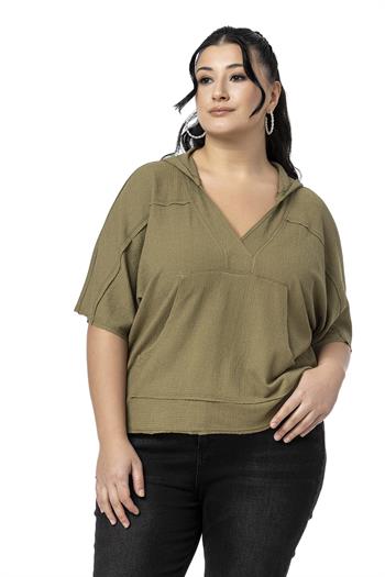 Plus Size Kangaroo Pocket V Neck Hooded Dirty Stitched Khaki Blouse