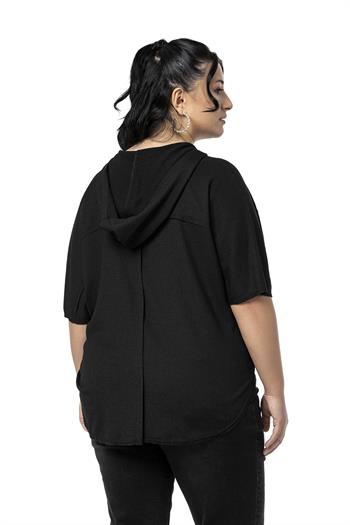 Büyük Beden Kanguru Cepli V Yaka Kapüşonlu Kirli Dikişli Siyah Bluz