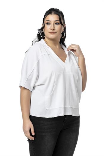 Büyük Beden Kanguru Cepli V Yaka Kapüşonlu Kirli Dikişli Beyaz Bluz