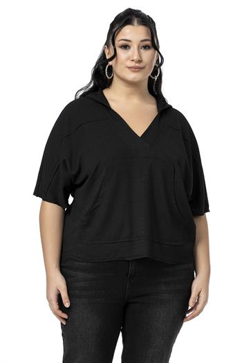 Büyük Beden Kanguru Cepli V Yaka Kapüşonlu Kirli Dikişli Siyah Bluz