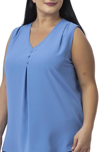 Plus Size Covered Button Detailed Sleeveless V Neck İndigo Blouse