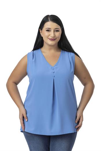 Plus Size Covered Button Detailed Sleeveless V Neck İndigo Blouse