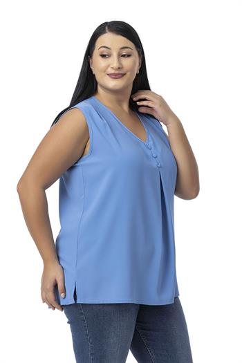 Plus Size Covered Button Detailed Sleeveless V Neck İndigo Blouse