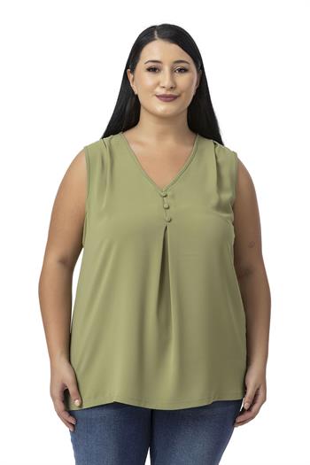 Büyük Beden Kaplama Düğme Detaylı Kolsuz V Yaka Çağla Yeşili Bluz