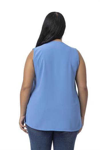 Plus Size Covered Button Detailed Sleeveless V Neck İndigo Blouse