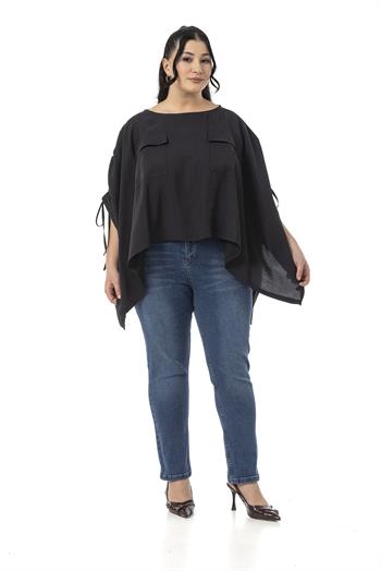 Büyük Beden Kolu Tünelli ve Büzgü Detaylı Cepli Siyah Panço Bluz