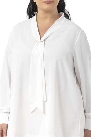 Büyük Beden Kravat Yaka D Toka Detaylı Beyaz Bluz