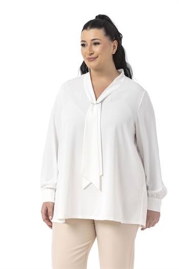Büyük Beden Kravat Yaka D Toka Detaylı Beyaz Bluz