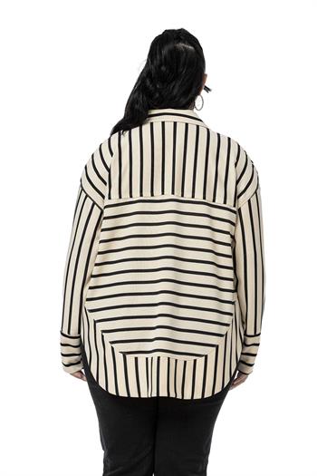 Plus Size Eyelet Detailed V Neck Wide Cut Black Striped Blouse