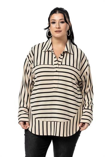 Plus Size Eyelet Detailed V Neck Wide Cut Black Striped Blouse
