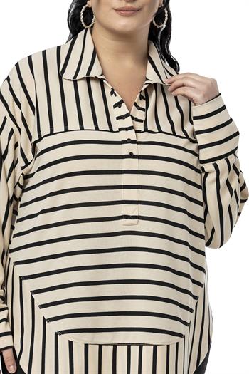 Plus Size Eyelet Detailed V Neck Wide Cut Black Striped Blouse