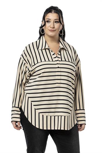 Plus Size Eyelet Detailed V Neck Wide Cut Black Striped Blouse