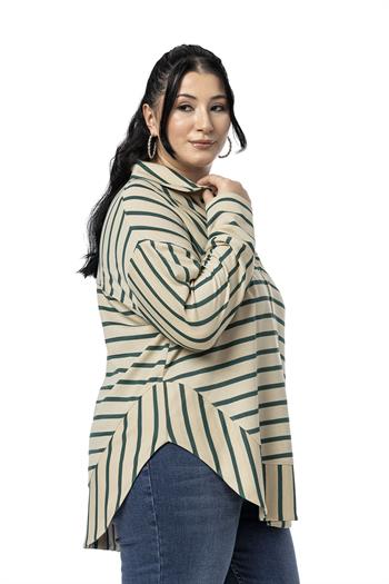 Büyük Beden Kuşgözü Detaylı V Yaka Geniş Kesim Zümrüt Yeşili Çizgili Bluz 