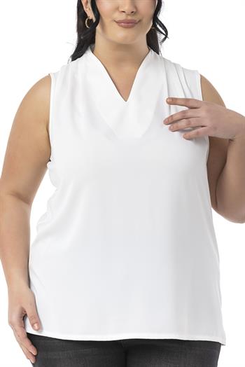 Büyük Beden Omzu Pile Detaylı V Yaka Kolsuz Beyaz Bluz