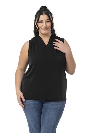 Büyük Beden Omzu Pile Detaylı V Yaka Kolsuz Siyah Bluz