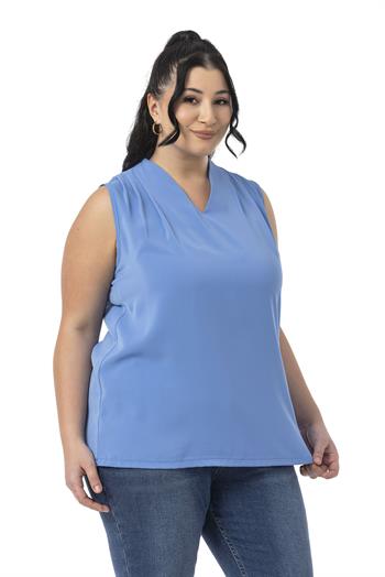 Büyük Beden Omzu Pile Detaylı V Yaka Kolsuz İndigo Bluz