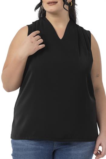 Büyük Beden Omzu Pile Detaylı V Yaka Kolsuz Siyah Bluz