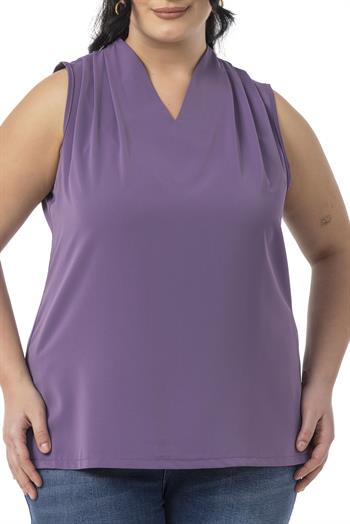 Büyük Beden Omzu Pile Detaylı V Yaka Kolsuz Mor Bluz