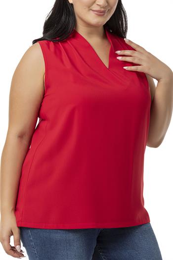 Büyük Beden Omzu Pile Detaylı V Yaka Kolsuz Kırmızı Bluz