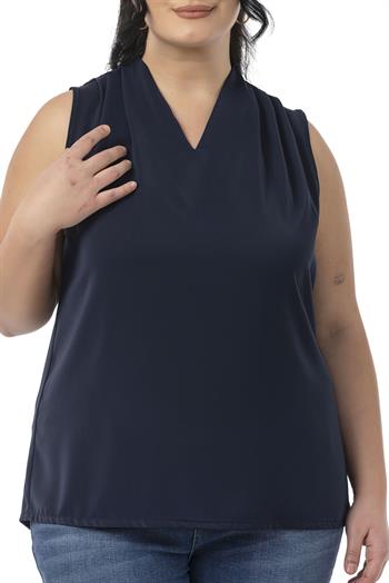 Büyük Beden Omzu Pile Detaylı V Yaka Kolsuz Lacivert Bluz