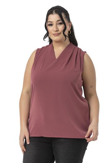 Büyük Beden Omzu Pile Detaylı V Yaka Kolsuz Gül Kurusu Bluz