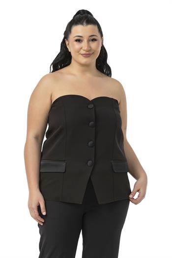 Büyük Beden Saten Süs Cep Kapaklı ve Saten Kaplama Düğmeli Sırtı Lastikli Siyah Büstiyer