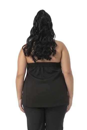 Büyük Beden Saten Süs Cep Kapaklı ve Saten Kaplama Düğmeli Sırtı Lastikli Siyah Büstiyer