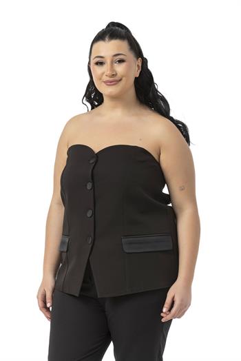 Büyük Beden Saten Süs Cep Kapaklı ve Saten Kaplama Düğmeli Sırtı Lastikli Siyah Büstiyer
