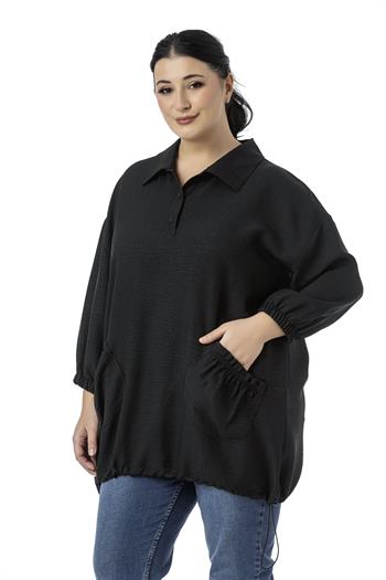 Büyük Beden Truvakar Kol Cep Detaylı Eteği Stoper Büzgülü Siyah Bluz