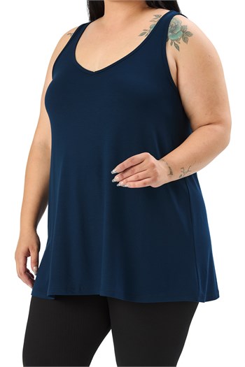 Büyük Beden V Yaka Kloş Kesim Uzun Lacivert Bluz