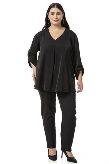 Büyük Beden V Yaka Önü Plikaşeli Katlamalı Kollu Siyah Bluz 