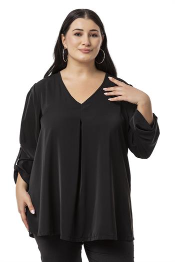 Büyük Beden V Yaka Önü Plikaşeli Katlamalı Kollu Siyah Bluz 
