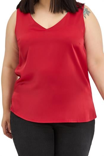 Büyük Beden V Yaka Yanı Yırtmaçlı Kolsuz Saten Kırmızı Bluz