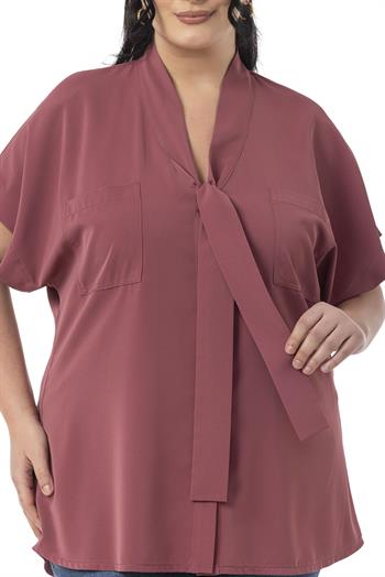 Büyük Beden Yakada Bağlama Detaylı Düşük Yarım Kollu Gül Kurusu Bluz