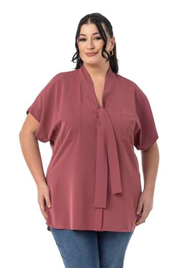 Büyük Beden Yakada Bağlama Detaylı Düşük Yarım Kollu Gül Kurusu Bluz