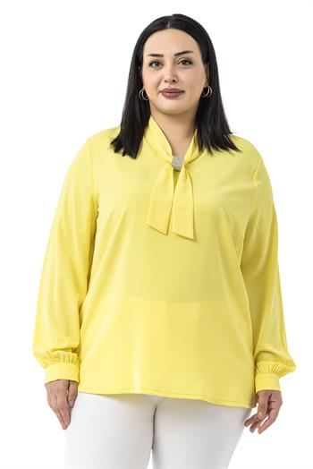 Büyük Beden Yakada Pırıltı Detaylı Manşetli Sarı Bluz